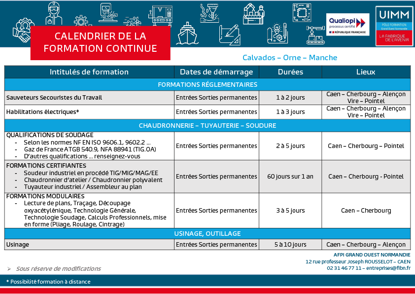 Calendrier formation continue